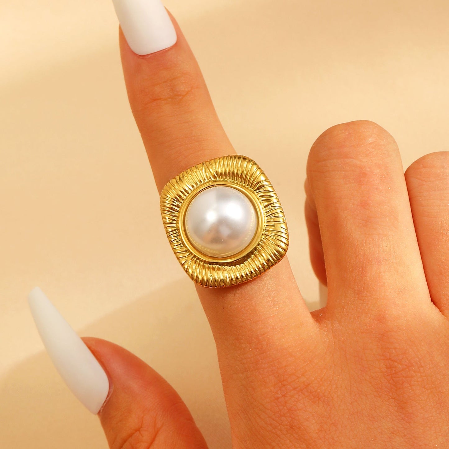 Adjustable Open Stainless Steel Pearl Ring, 18K Gold Plated Oval Baroque Ring