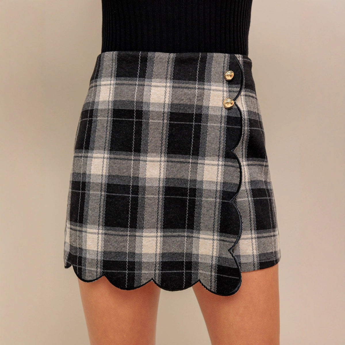 Personality Black White Lattice Pattern Shorts Vintage Embroidery Side with Metal Buckle All Matching Short Pantskirt