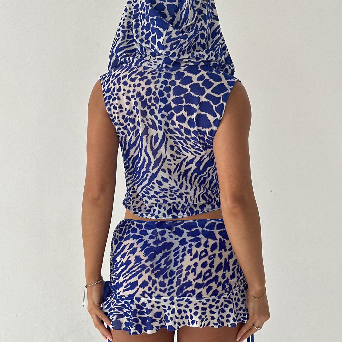 Women Clothing Printed Blue Leopard Print Hooded Sleeveless Top Low Waist Skirt Set Two Piece Summer