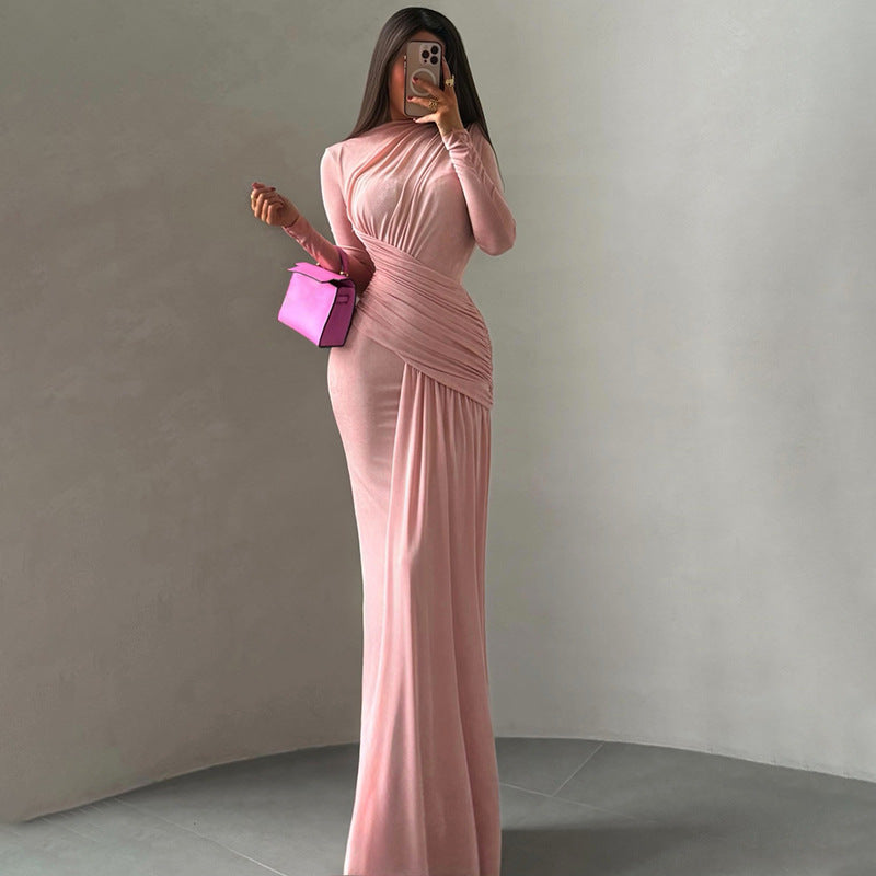 Autumn Winter Women Clothing Solid Color Pleated round Neck Slim Fit Long Sleeved Dress Women