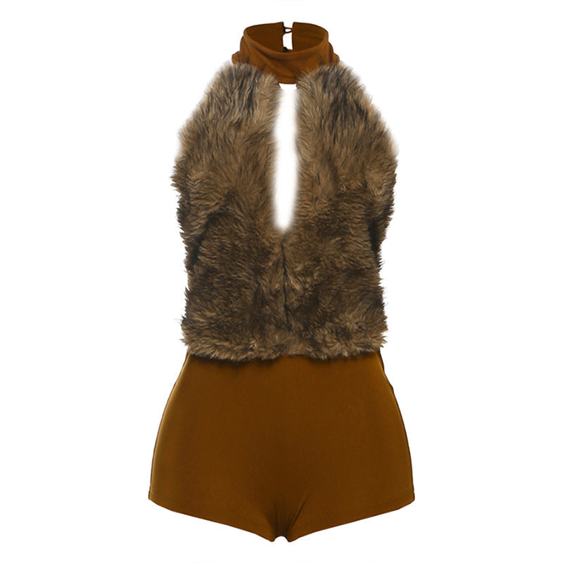 Women Clothing Autumn Winter Sexy Fur Stitching Halter Cut out Backless Jumpsuit