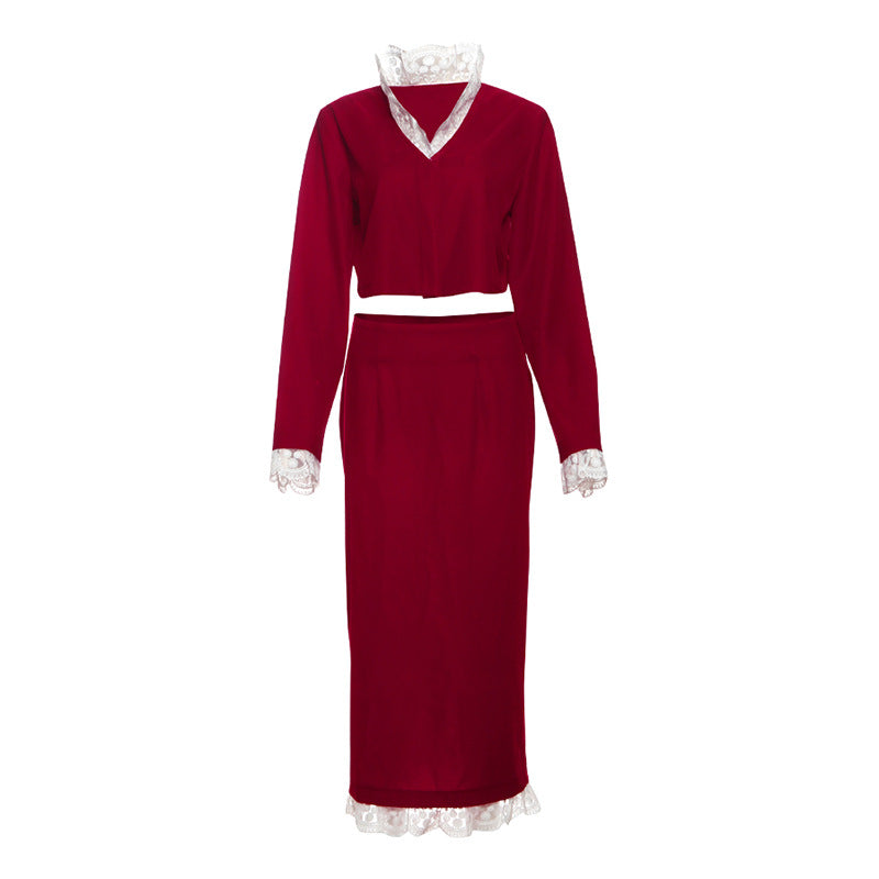 Fall Women Clothing French V neck Lace Stitching Long Sleeved Top Sheath Skirt Set