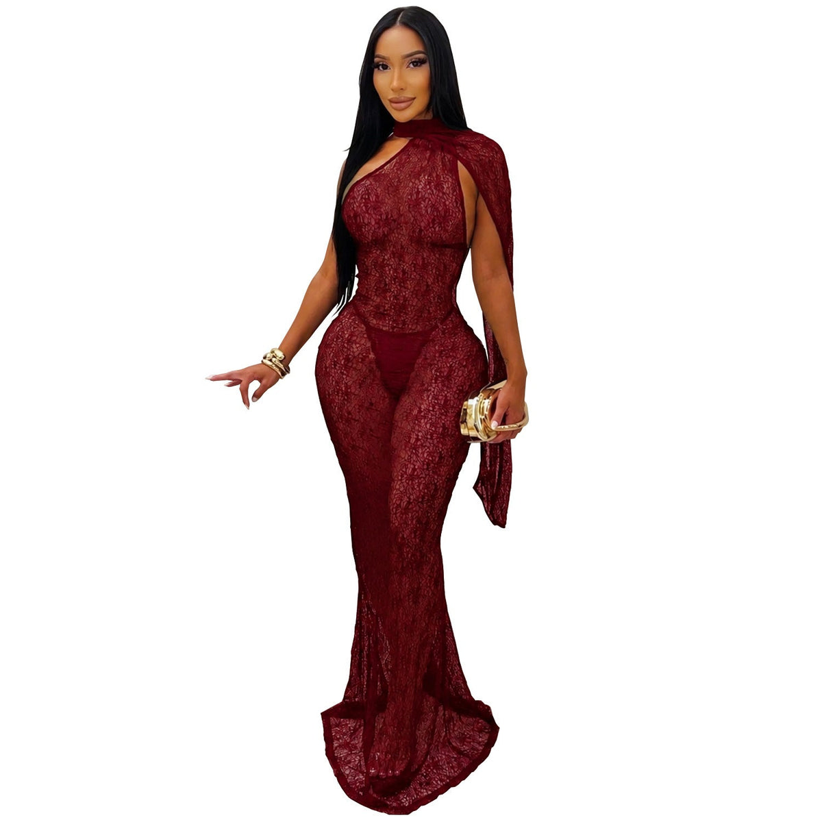 Women Clothing Sexy See through Lace Cappa Fishtail Dress Nightclub Sheath Dress