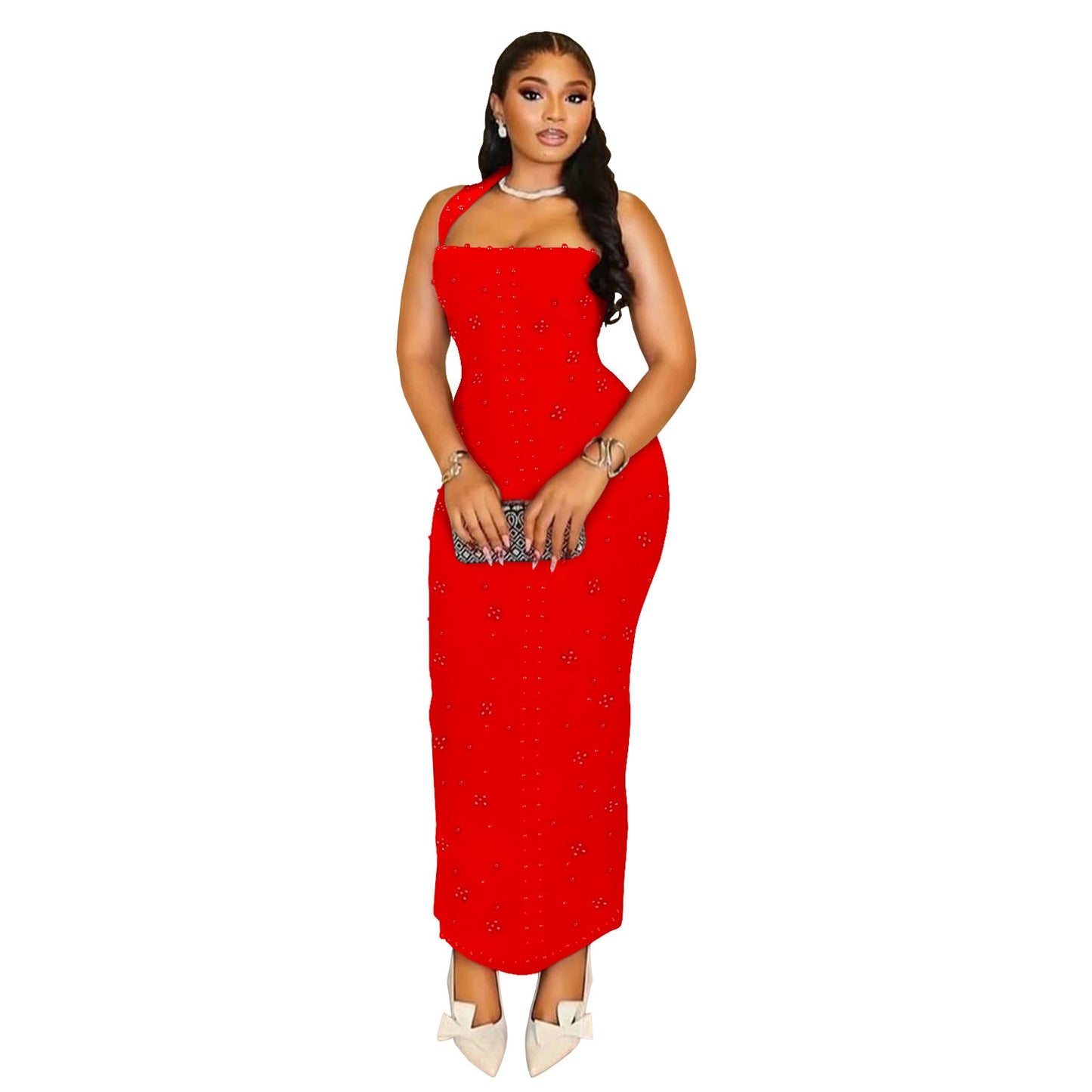 Women Wear Halter Rhinestone Foam Beads Slim Fit Sheath Dress