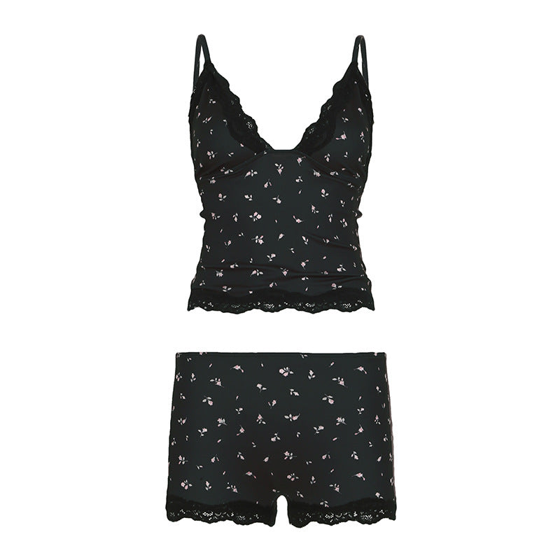 Casual Homewear Small Floral Lace Sexy Camisole Shorts Pajamas Two Piece Sets