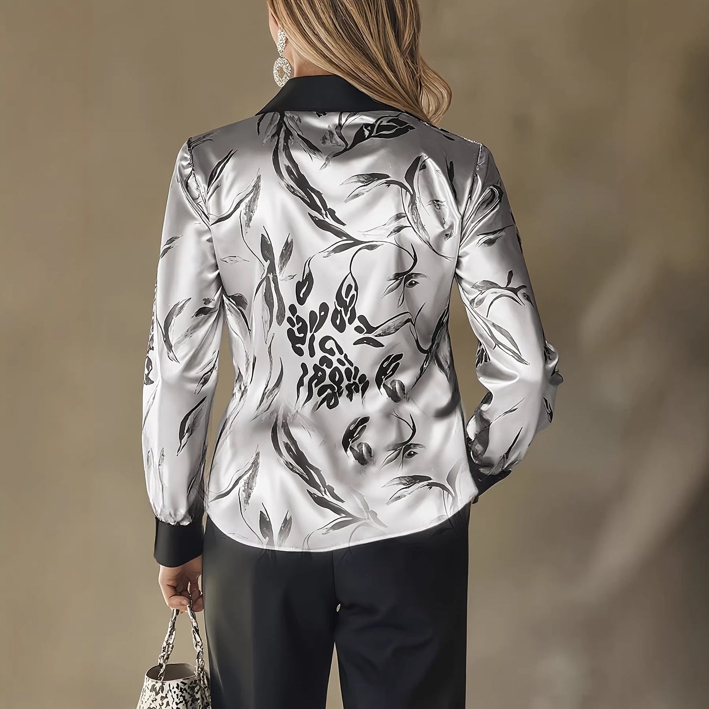 Women Clothing Spring Summer Satin Printing Long Sleeve Shirt Top