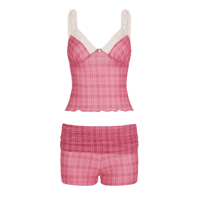 Vacation Casual Plaid Contrast Color Chest Shape Pleated V neck Suspender Shorts Sexy Two Piece Sets