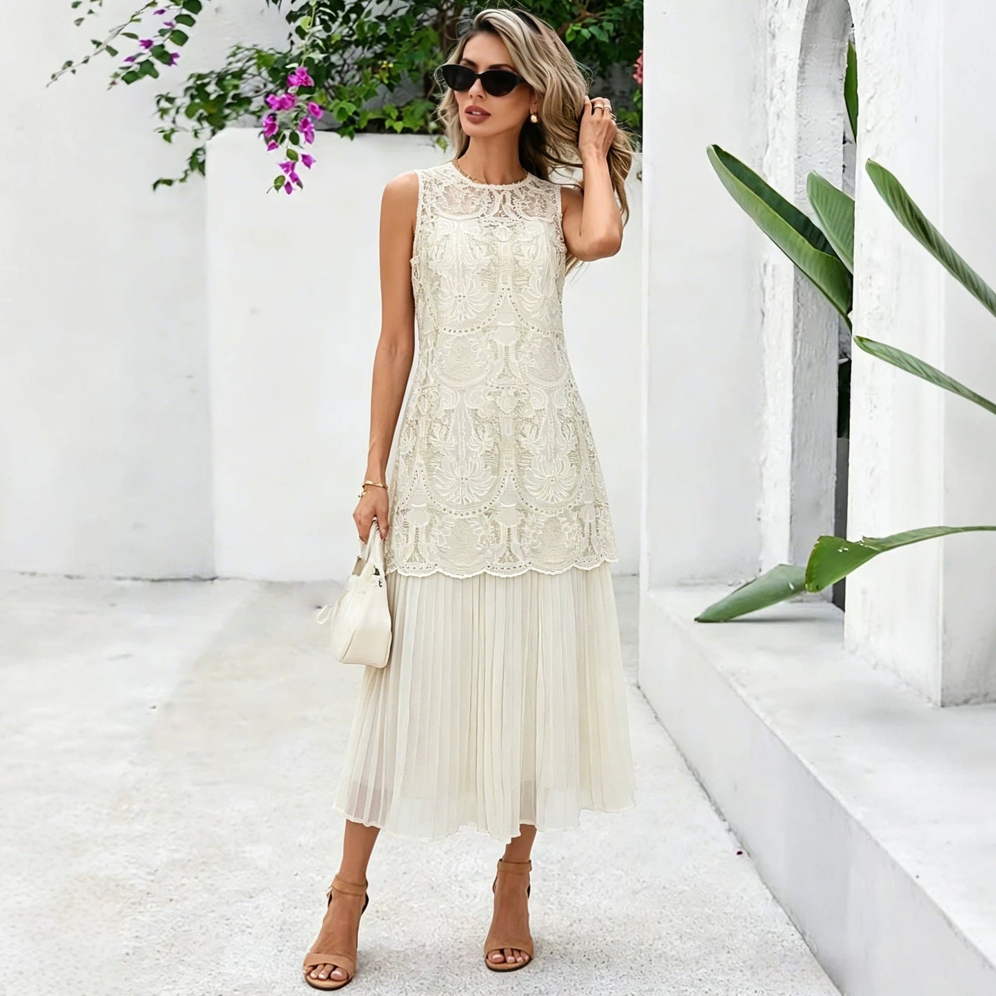 French Heavy Industry Jacquard Embroidery Faux Two Piece Sleeveless Dress Women Niche Design Pleated Midi Dress Summer