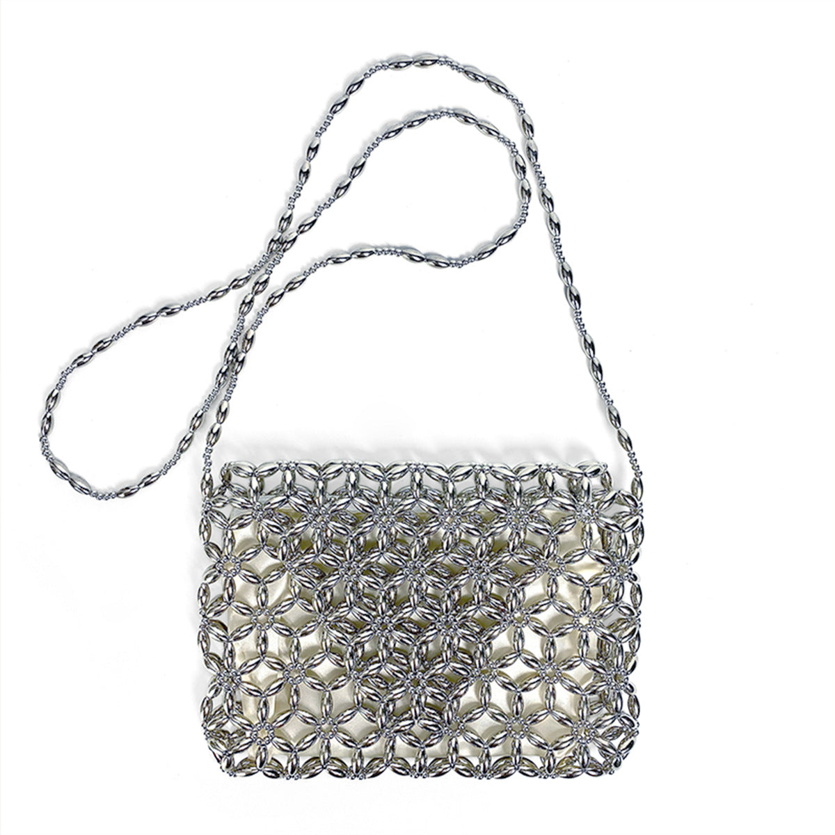 Retro Metal Silver Hand Woven Beads Small Square Bag Long Shoulder Strap Phone Crossbody Bag