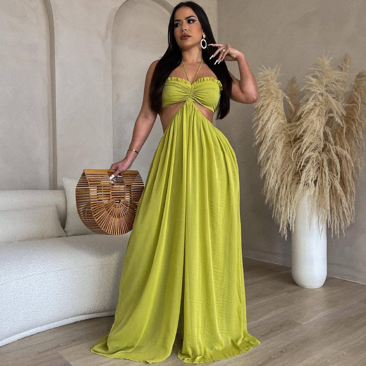 Source Sexy Chiffon Chest Wrapped Bare Back Wide Leg Jumpsuit Women Clothing