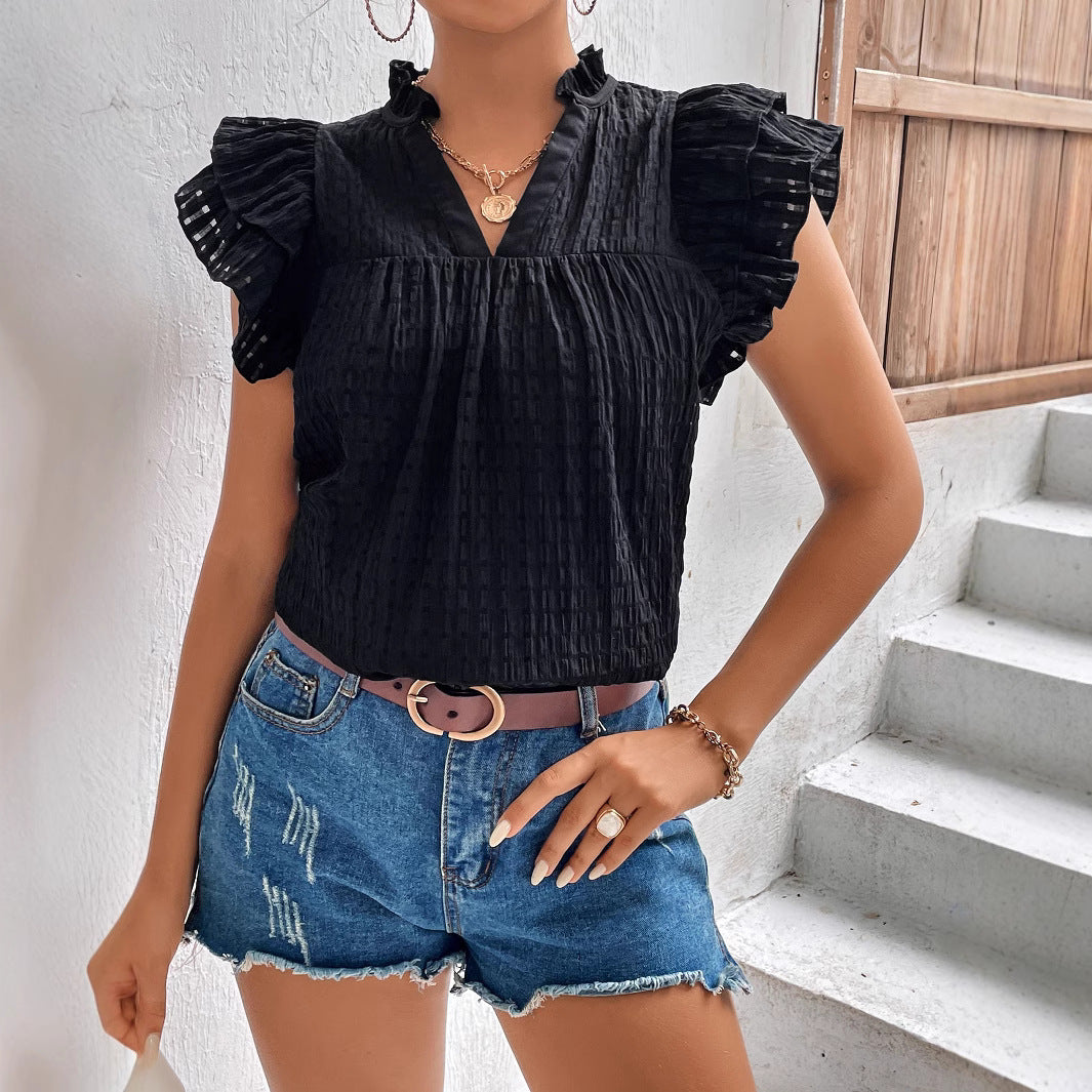 Women Clothing Women Summer Solid Color V neck Ruffle Sleeve Short Sleeve Top T shirt