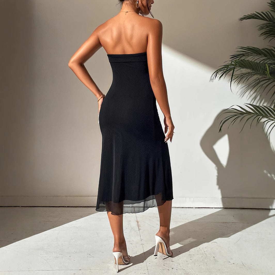 Women Solid Color Sexy Tube Top Cinched Waist Evening Dress Double Layer Mesh Stitching Dress