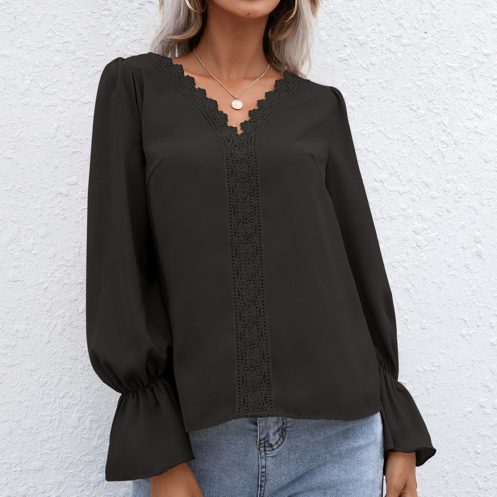 Autumn Elegant V-neck Hollow Out Hollow Out Cutout Lace Long Sleeve Shirt for Women