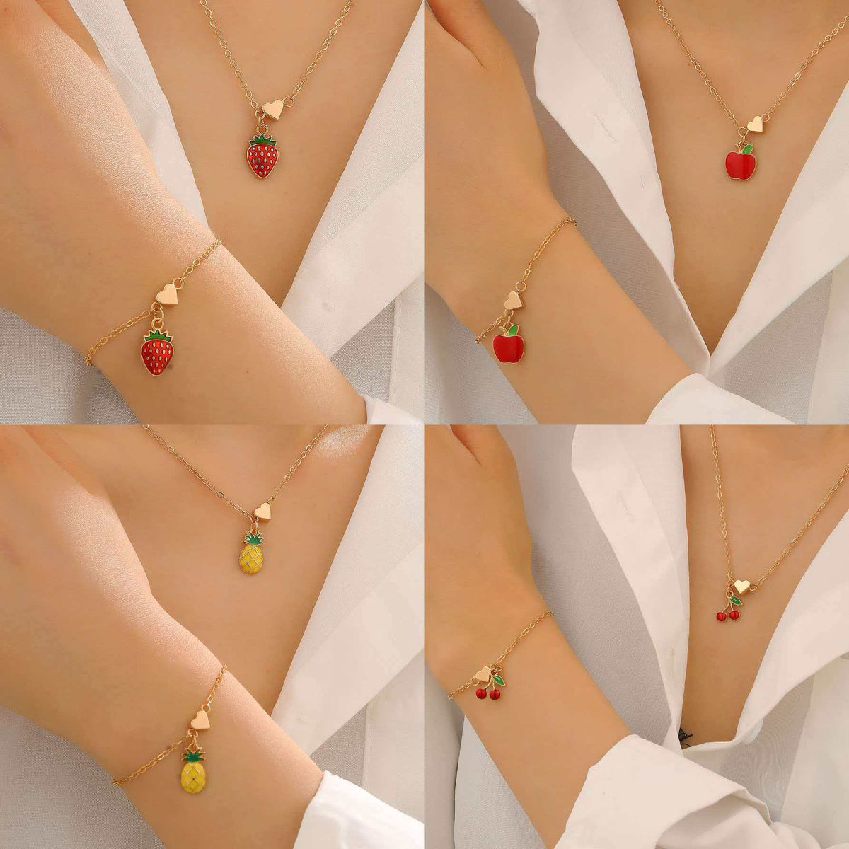 Alloy Cherry Strawberry Apple Pineapple Fruit Bracelet Necklace Jewelry Set