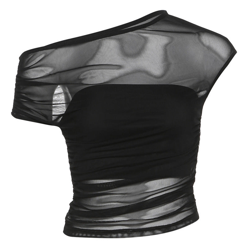 Spring Summer Women Sexy Sheer Mesh Slim Fit Patchwork Solid Color Top for Women