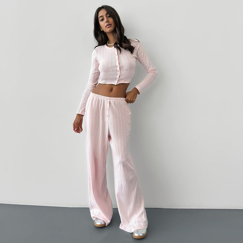 Casual Knitted Basic Breasted Long Sleeve Top Elastic Trousers Two Piece Pajamas Homewear