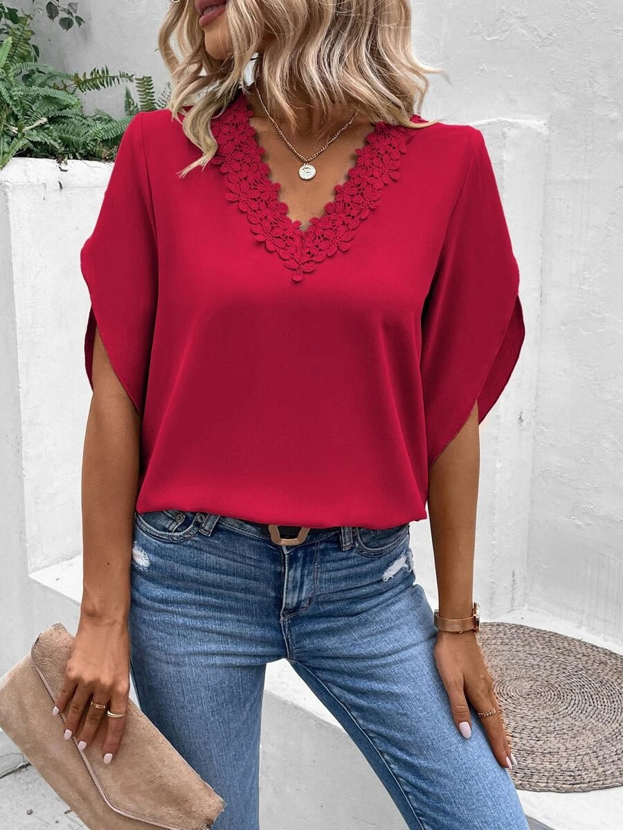 Women Clothing Summer Solid Color Lace V neck Flared Sleeves Loose Shirt Women Top