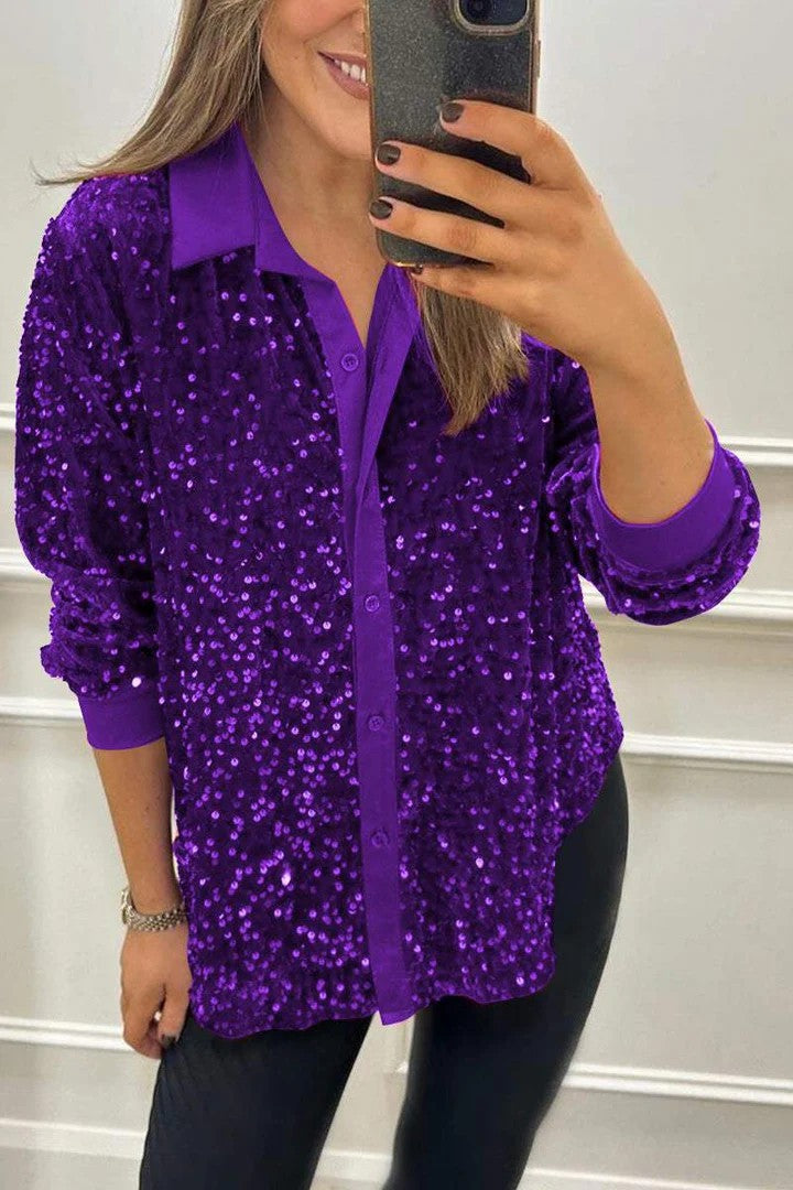 Autumn Winter Long Sleeve Loose Casual Sequin Shirt