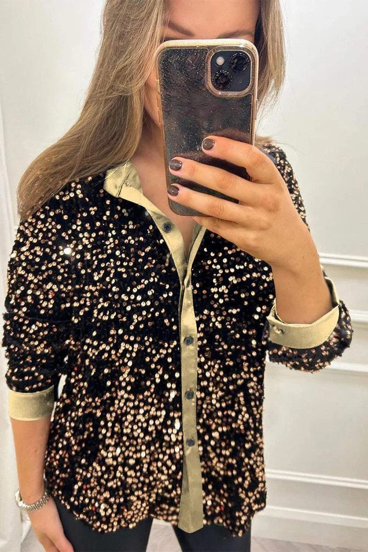 Autumn Winter Long Sleeve Loose Casual Sequin Shirt
