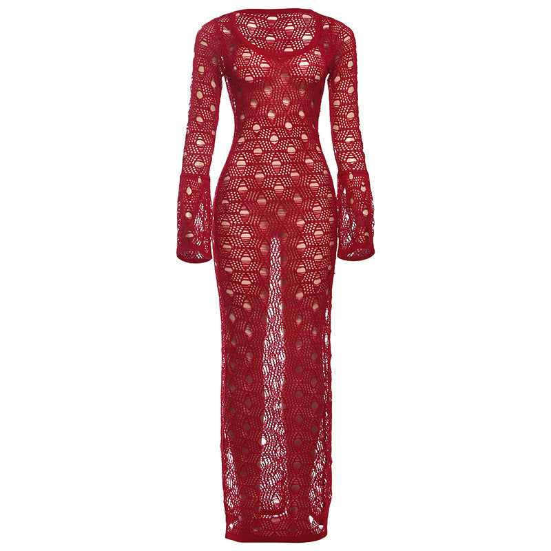 Winter Women Clothing Solid Color U Neck Sexy Slim Fit See through Elegant Dress