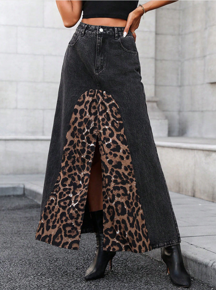 Women Clothing Fall Street All Match Leopard Print Denim Skirt