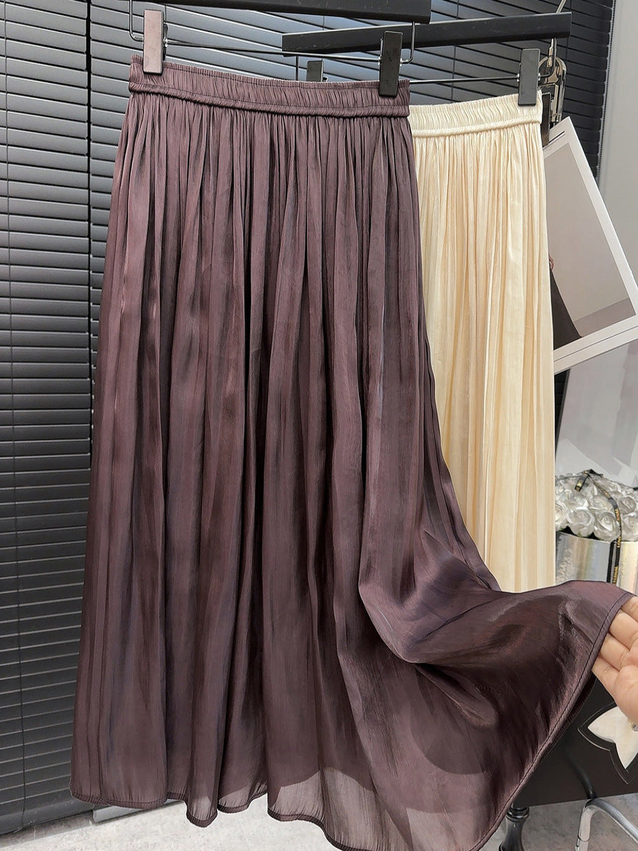 High Grade Glossy Pearlescent Chiffon Pleated Skirt Retro Fashionable Pleated Drooping Slimming High Waist A line Skirt
