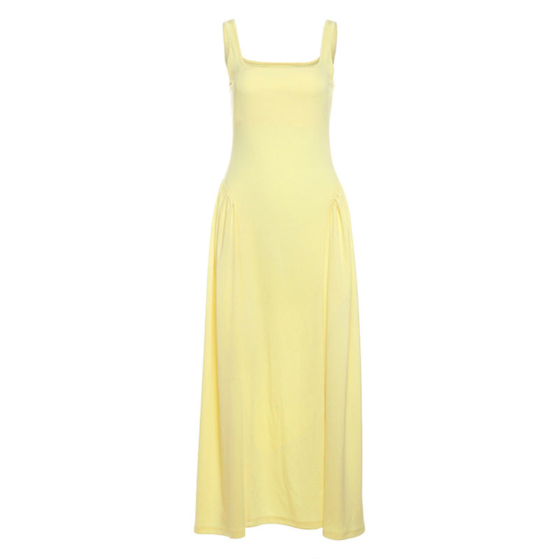 Summer Women Clothing Elegant Graceful High Waist Slim Solid Color Square Collar Sling Dress