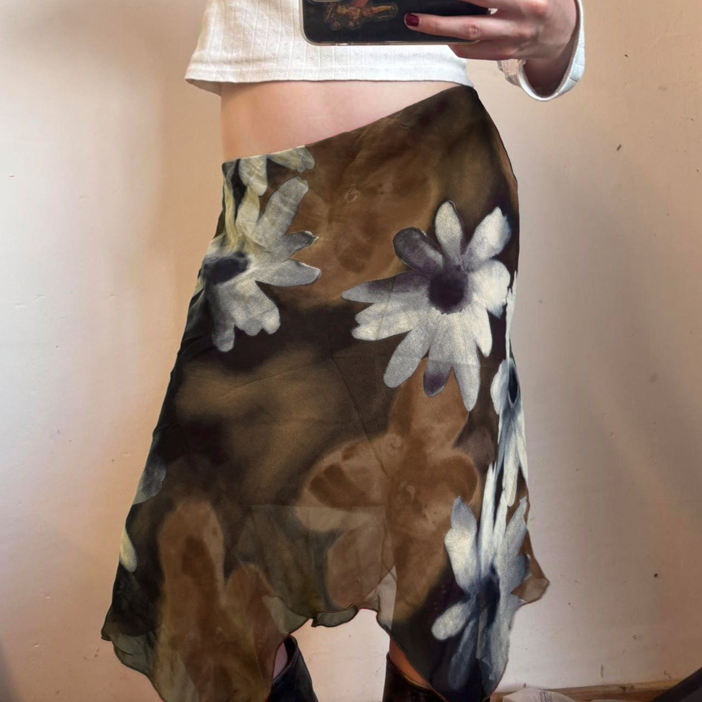 Retro Floral Printed Mesh Stitching Asymmetric Skirt Vacation Slim Slimming Low Waist Skirt Autumn