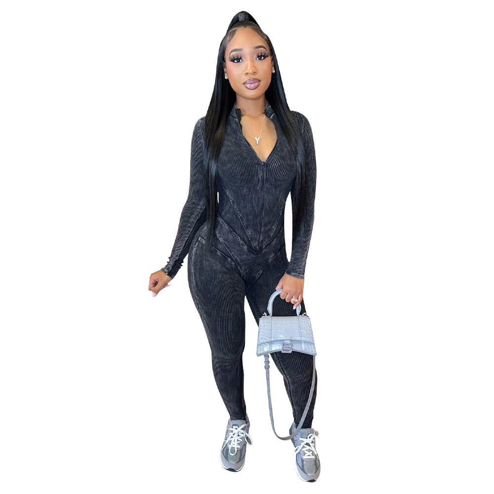 Women Clothing Sunken Stripe Printed Sexy V Neck Tight Zipper Jumpsuit