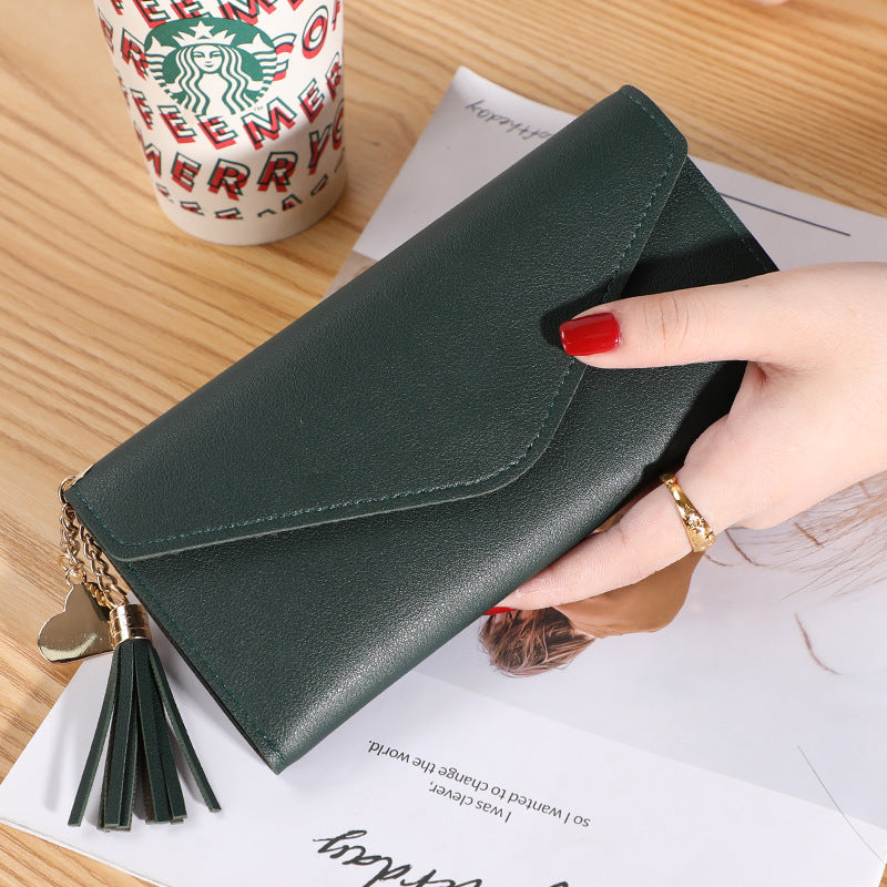 Wallet women's long, fringed three-fold flip clutch bag, simple women's wallet evening