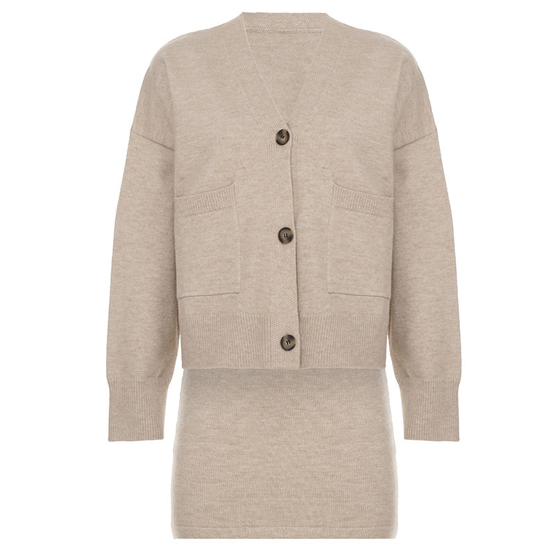 Autumn Winter Solid Color Long Sleeve Casual Cardigan Sweater Coat Skirt Outfit Classic Two Piece Set