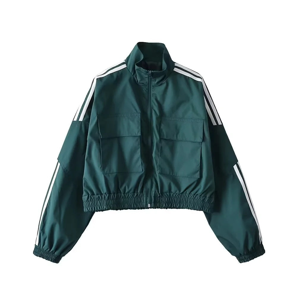 Stand Collar Zipper Jacket Small Coat Retro Street Long Sleeve Three Bars Color Contrast Short Waist Tight Cardigan Top