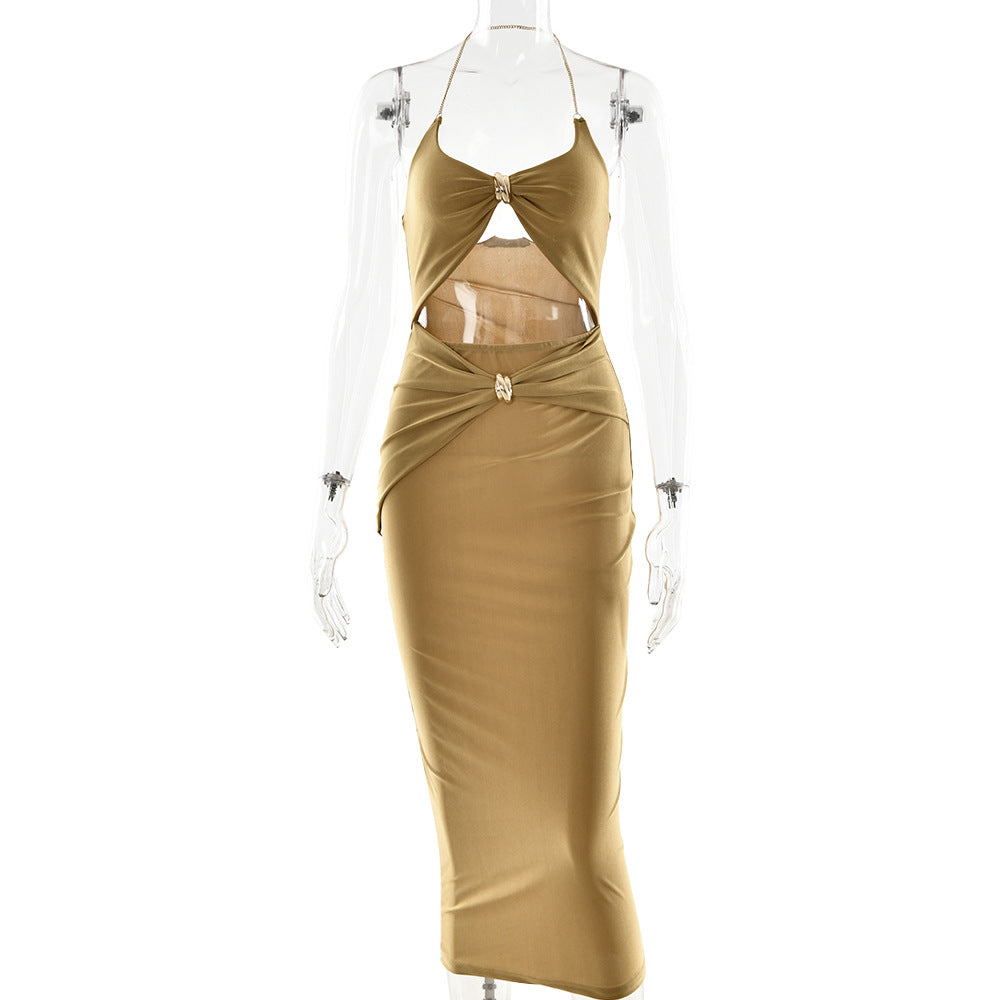 Summer Halter Cut out Dress Sexy Slim Solid Color Deep V Plunge Dress