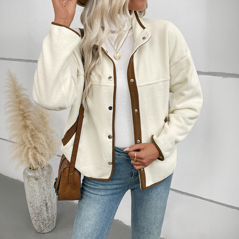 Contrast Color Polar Fleece Cardigan Autumn Winter Women Fleece Short Stand up Collar Casual Jacket