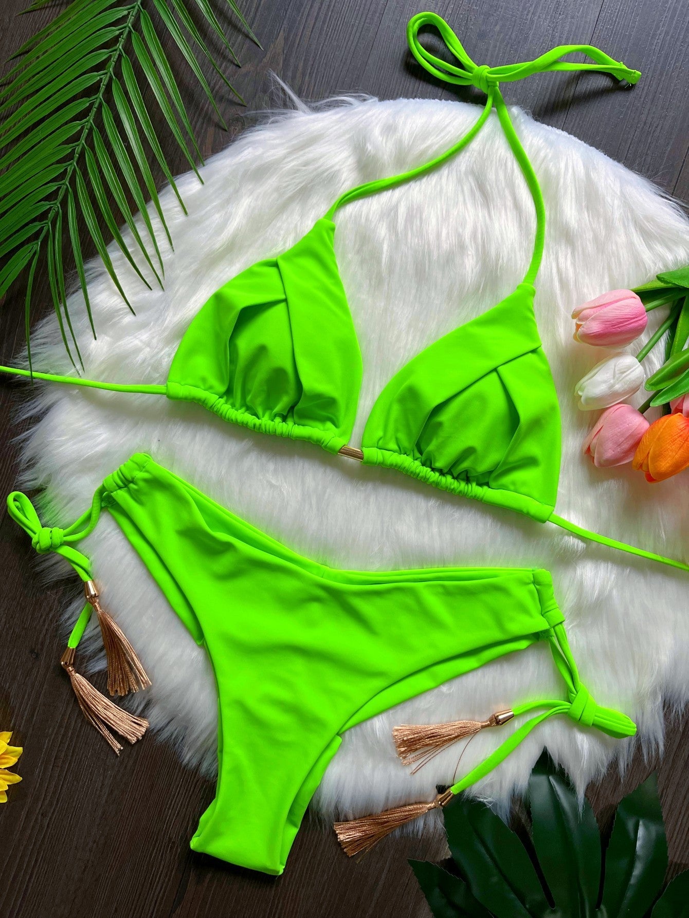 Tassel Solid Color Bikini Swimsuit Set Beach Sexy Women Swimsuit