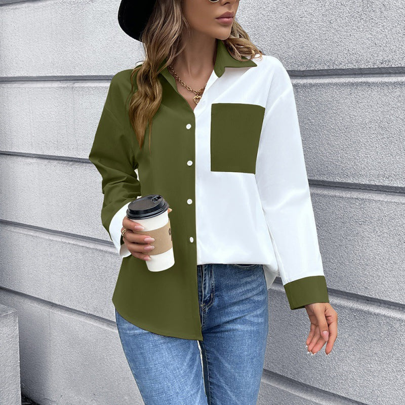 Women Clothing Color Contrast Patchwork Single Breasted Cardigan Shirt Collared Shirt Top Women