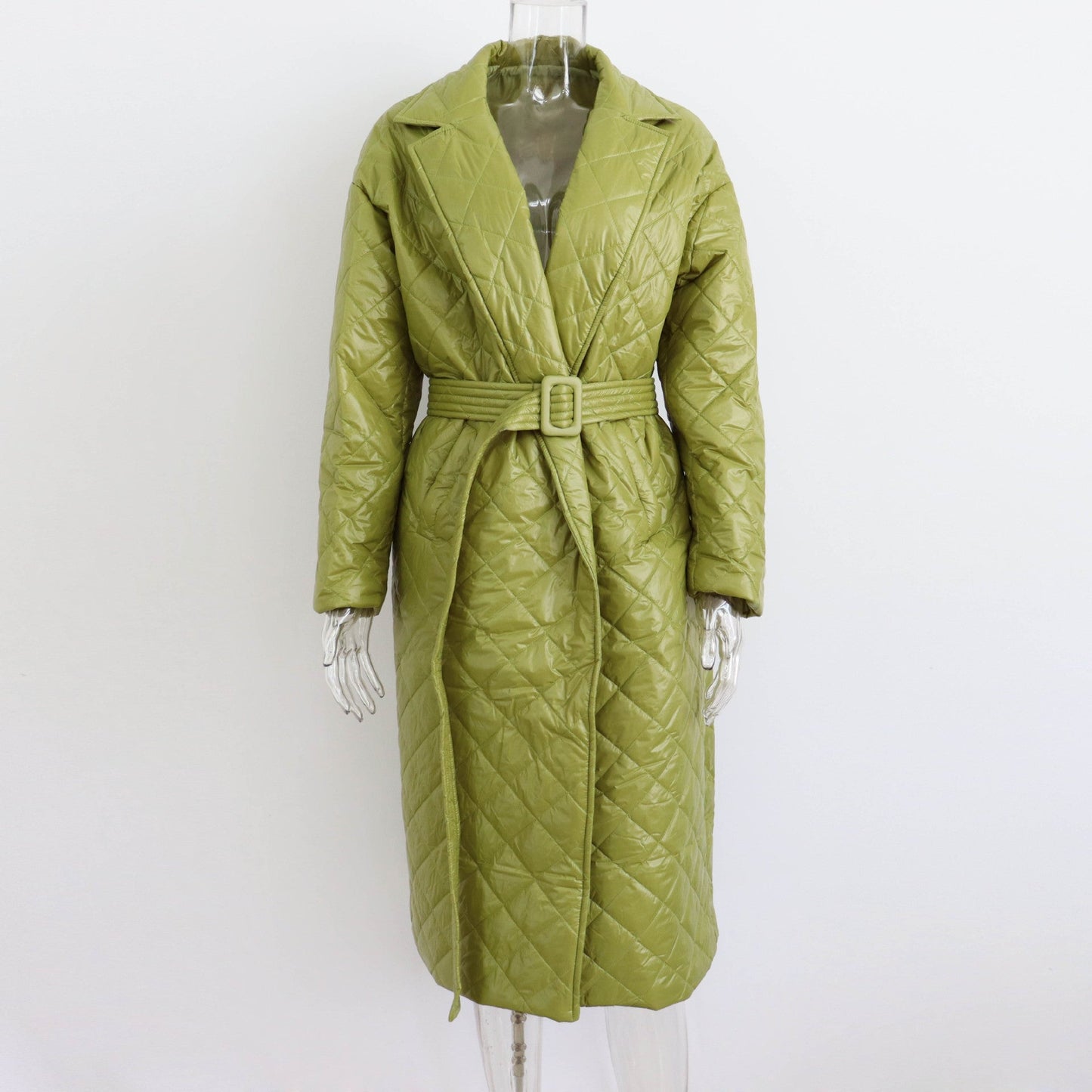 Warm Keeping Cotton Clothing Cotton Padded Coat for Winter Women Rhombus Cotton-Padded Jacket Waist Tight Long Cut Coat Plus Size Coat for Women