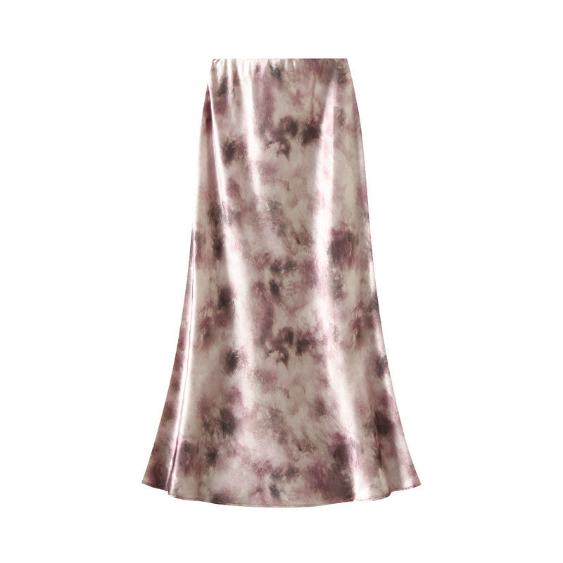 Ink Satin Fishtail Skirt Spring High Waist Slimming Midi Dress