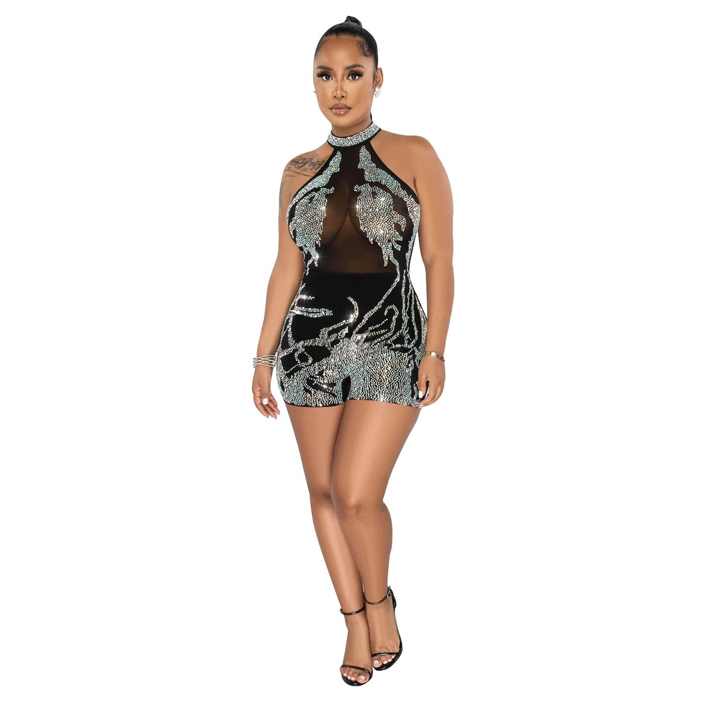 Summer Women Clothing Sexy Tight Mesh See through Rhinestone Jumpsuit for Women