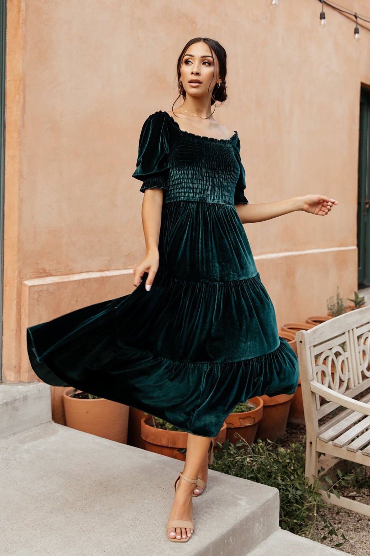 Spring Summer Gold Velvet Square Collar Ruffles High Waist Tight Office Dress