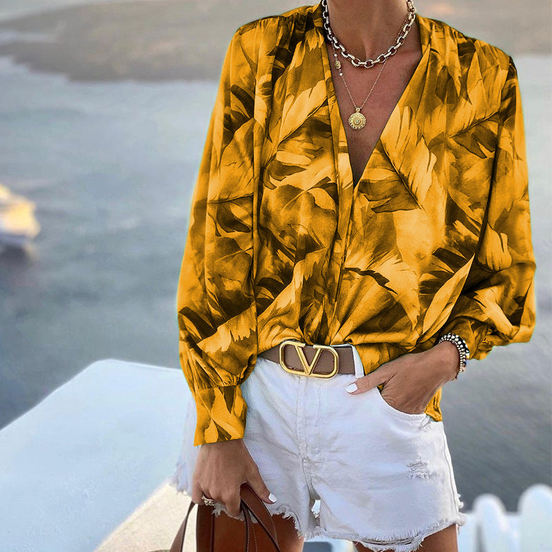 Fall Women Clothing V neck Long Sleeve Bohemian Printed Top Casual Shirt