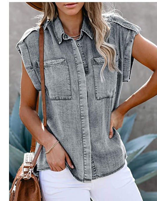 New Sleeveless Denim Shirt Straight Pocket Loose Top for Women