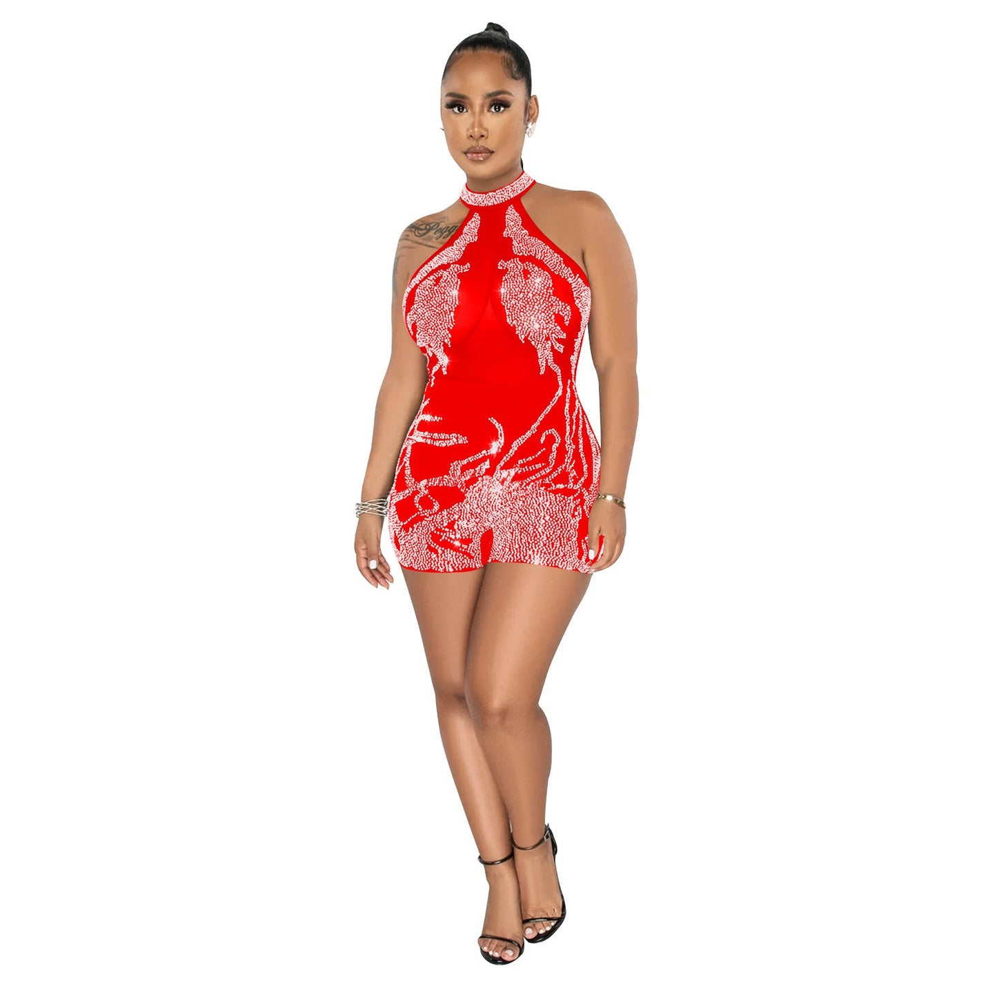 Summer Women Clothing Sexy Tight Mesh See through Rhinestone Jumpsuit for Women