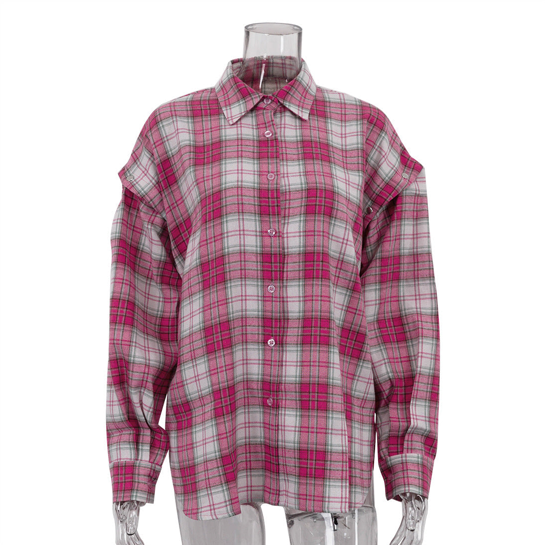Pink Plaid Shirt Women Loose Shirt Detachable Long Sleeve Collared Outer Tops