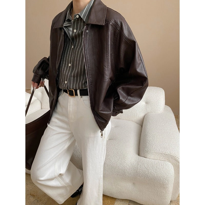Modern Street Retro Faux Leather Collared Loose Slimming Leather Jacket Coat