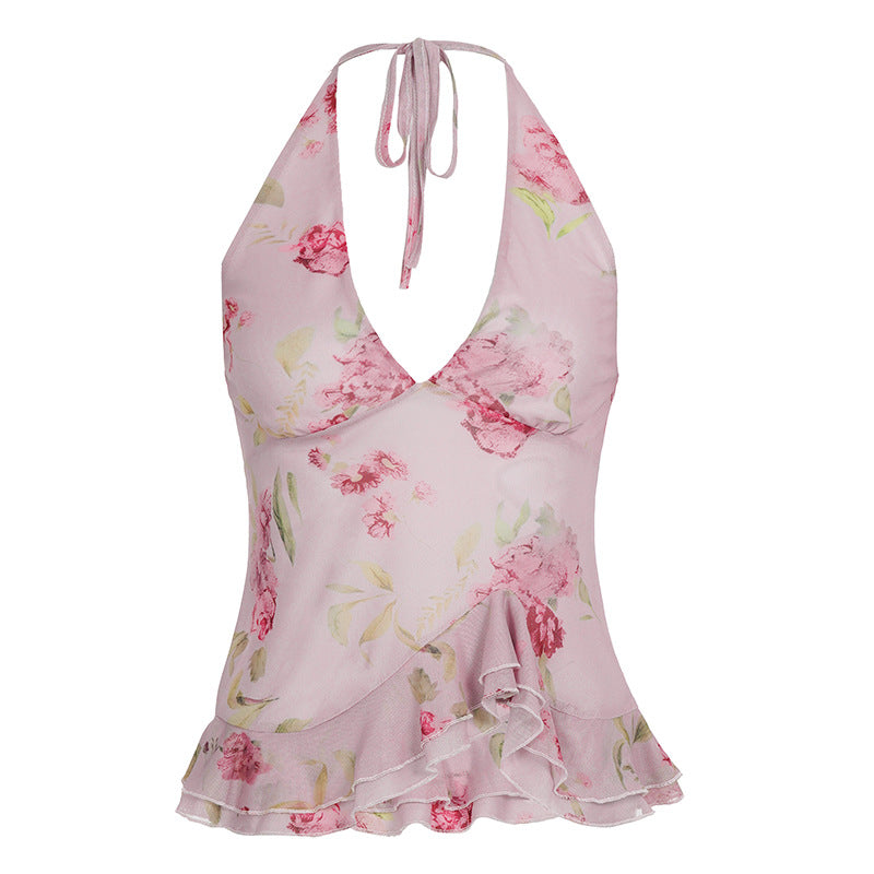 Holiday Net Yarn Floral Printed Irregular Asymmetric Ruffled Halter Spaghetti Straps Sexy V neck Top for Women