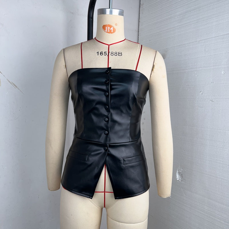 Faux Leather Women French Design Single Breasted Sexy Tube Top Leather Top Tube Top Short Vest