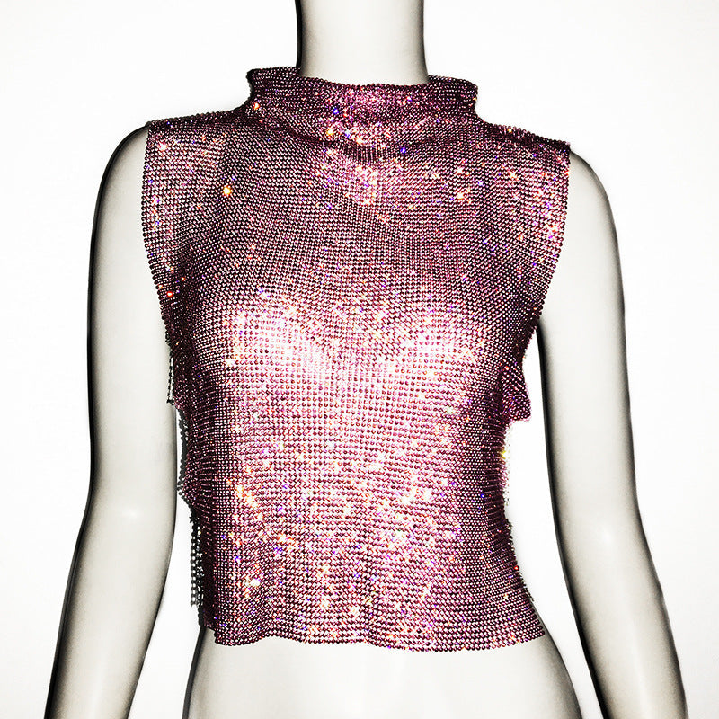 Women Clothing Full Diamond Vest Luxury Turtleneck Rhinestone Top Sexy Nightclub Sexy Vest