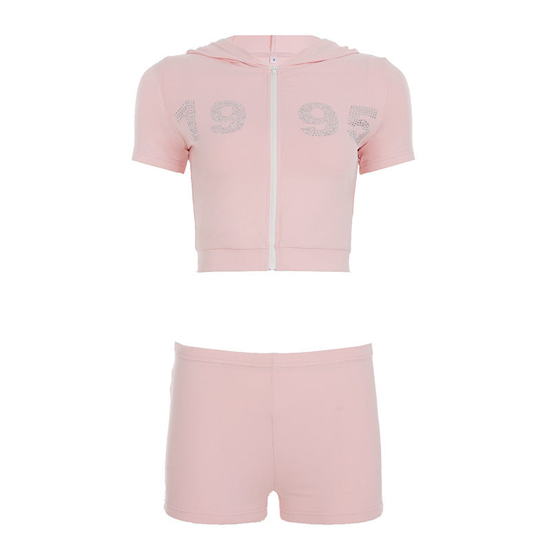 Street Sports Rhinestone Hooded Zipper Short Sleeve Top Hip Shorts Casual Two Piece Set