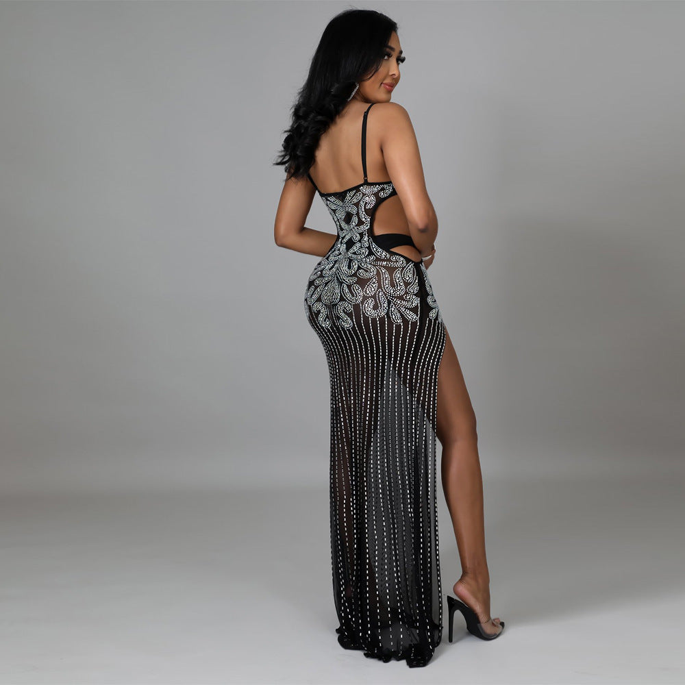 Party Nightclub High Slit Sexy See-through Strap Dress without Underwear Women